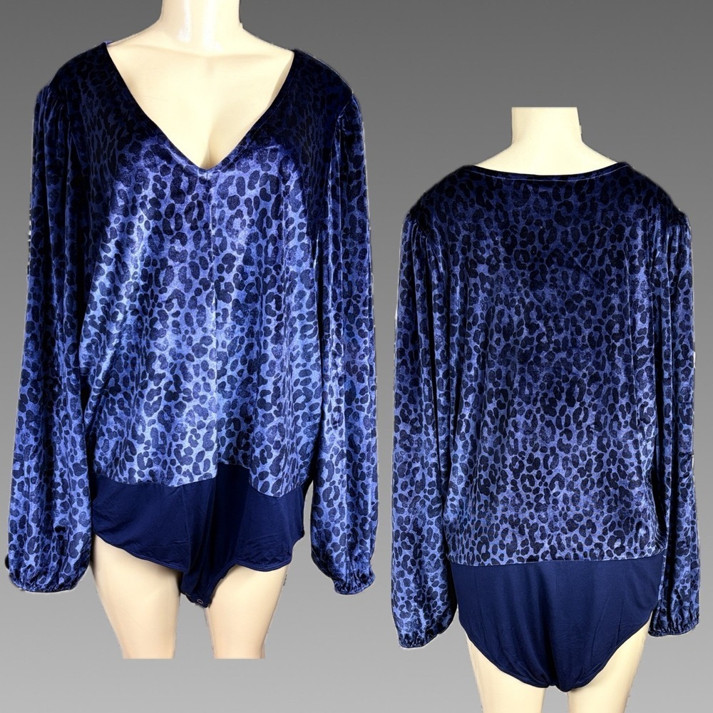 Torrid Blue Leopard Animal Print Velvet Long Sleeve Bodysuit Deep V-Neckline +3X